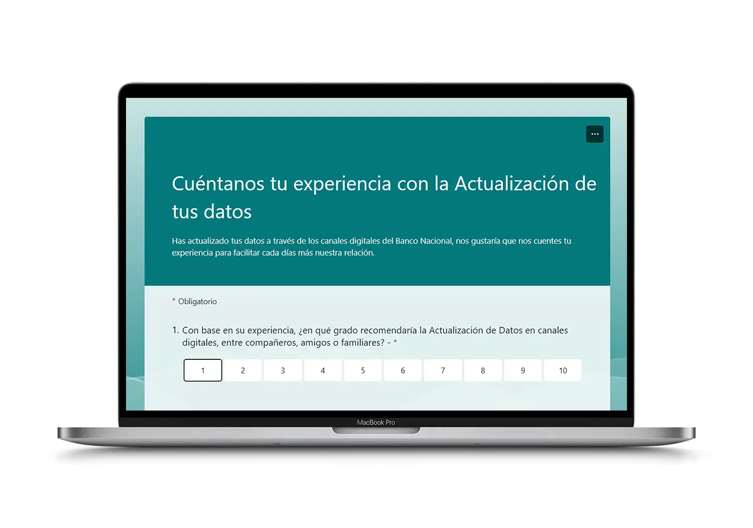 Encuesta digital del Banco Nacional preguntando por la experiencia del usuario con la actualización de datos, con una escala del 1 al 10.
