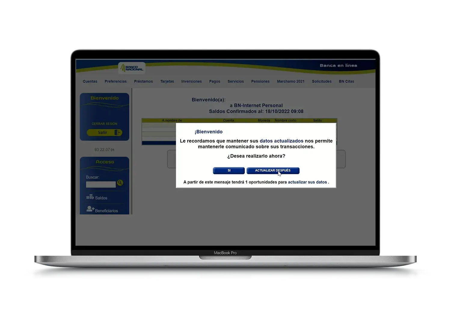 Mensaje emergente de bienvenida en la plataforma BN Internet Personal solicitando la actualización de datos del usuario en una laptop.