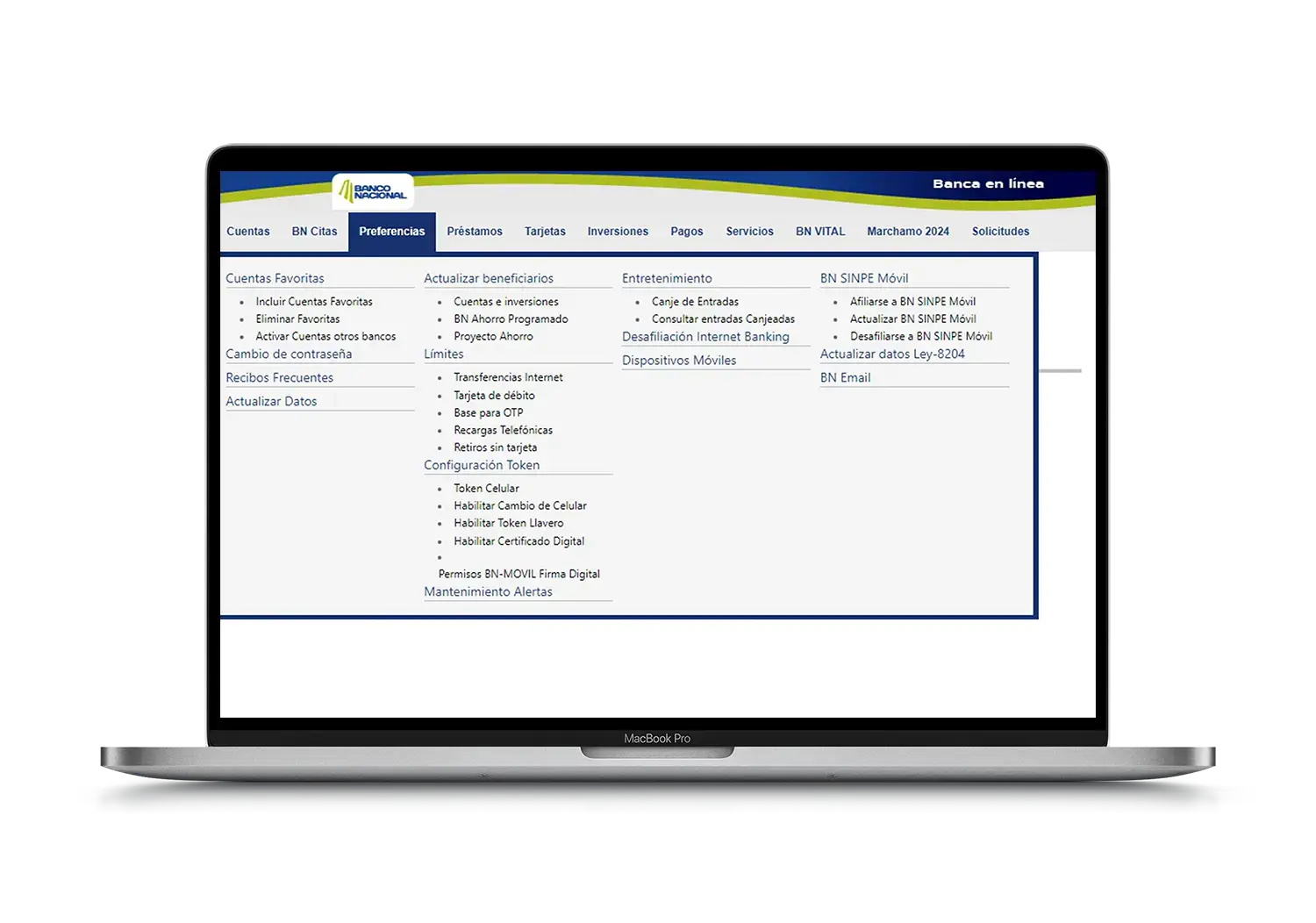 Menú de preferencias en la plataforma BN Internet Personal, mostrando opciones como actualización de datos, afiliación a SINPE Móvil y configuración de token.