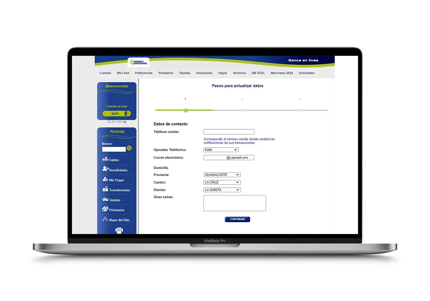 Formulario de actualización de datos en BN Internet Personal mostrando campos de contacto como teléfono celular, correo electrónico y dirección completa.