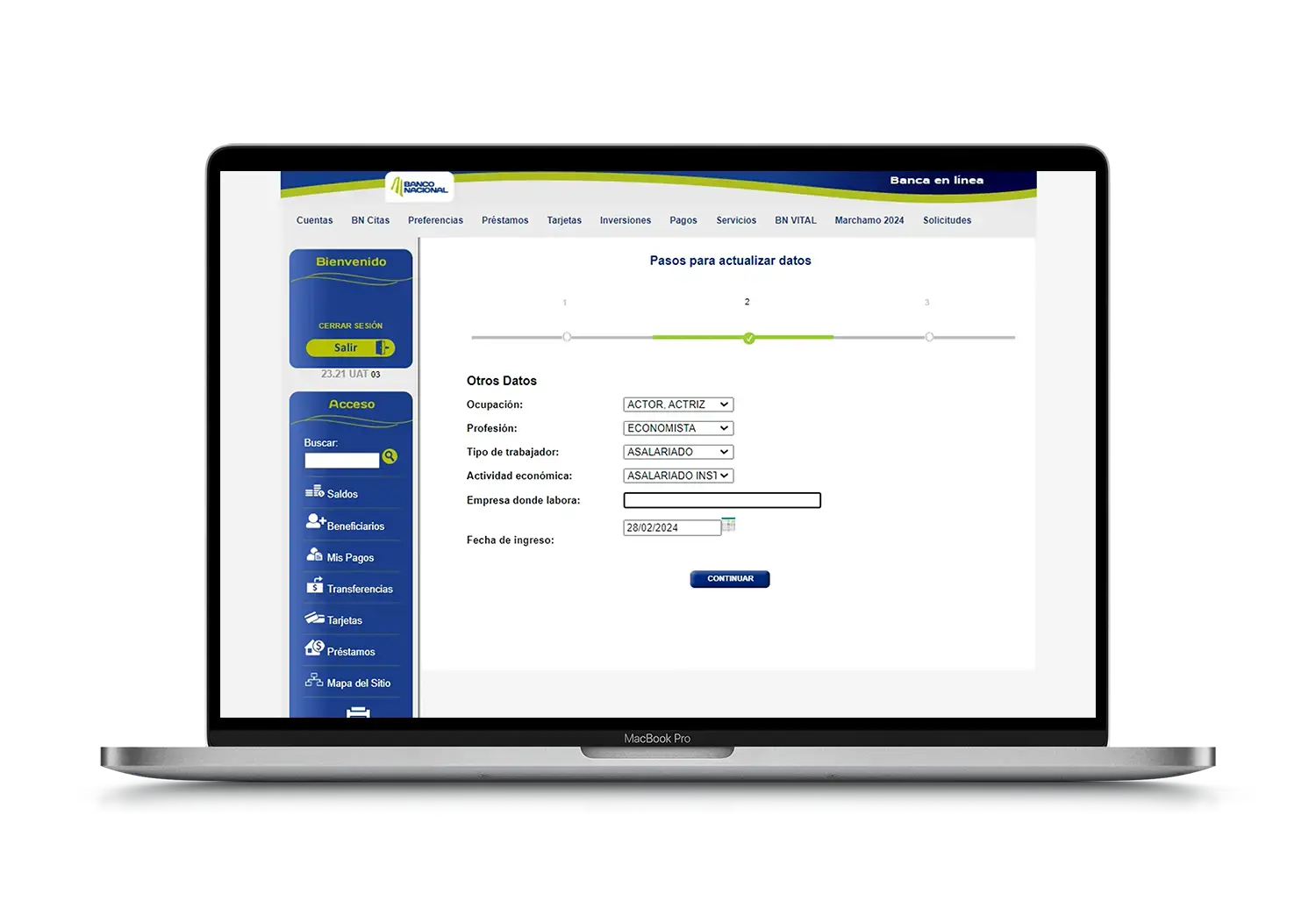 Formulario de actualización de otros datos en BN Internet Personal mostrando ocupación, profesión, tipo de trabajador, actividad económica y fecha de ingreso laboral.
