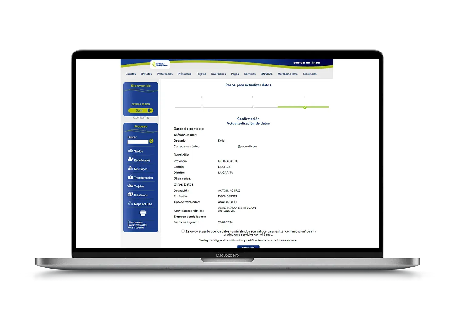 Pantalla de confirmación de actualización de datos en BN Internet Personal con información de contacto, domicilio, ocupación y fecha de ingreso laboral.