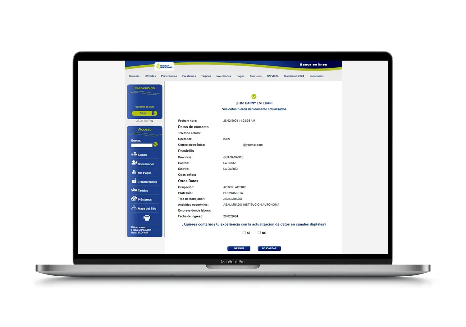 Pantalla de confirmación final de actualización de datos en BN Internet Personal con nombre del usuario, fecha, datos personales y botón para imprimir o descargar.