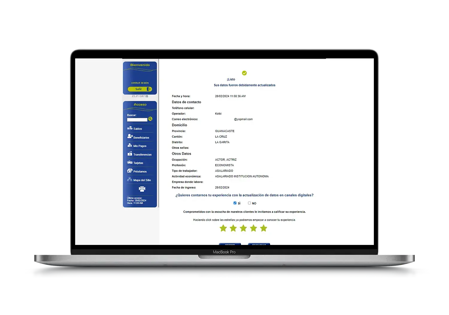 Pantalla de confirmación de actualización de datos en BN Internet Personal con resumen de datos, fecha y encuesta de satisfacción con estrellas al final.