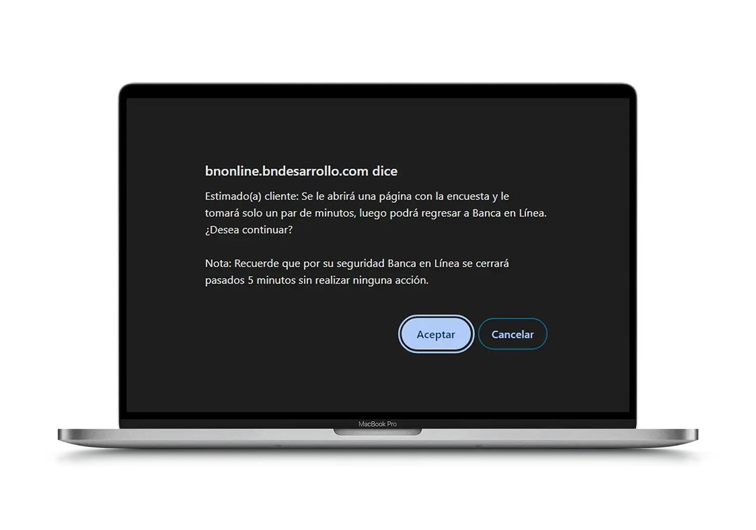 Ventana emergente de confirmación en BN en línea indicando que se abrirá una encuesta en otra página con opciones Aceptar o Cancelar.