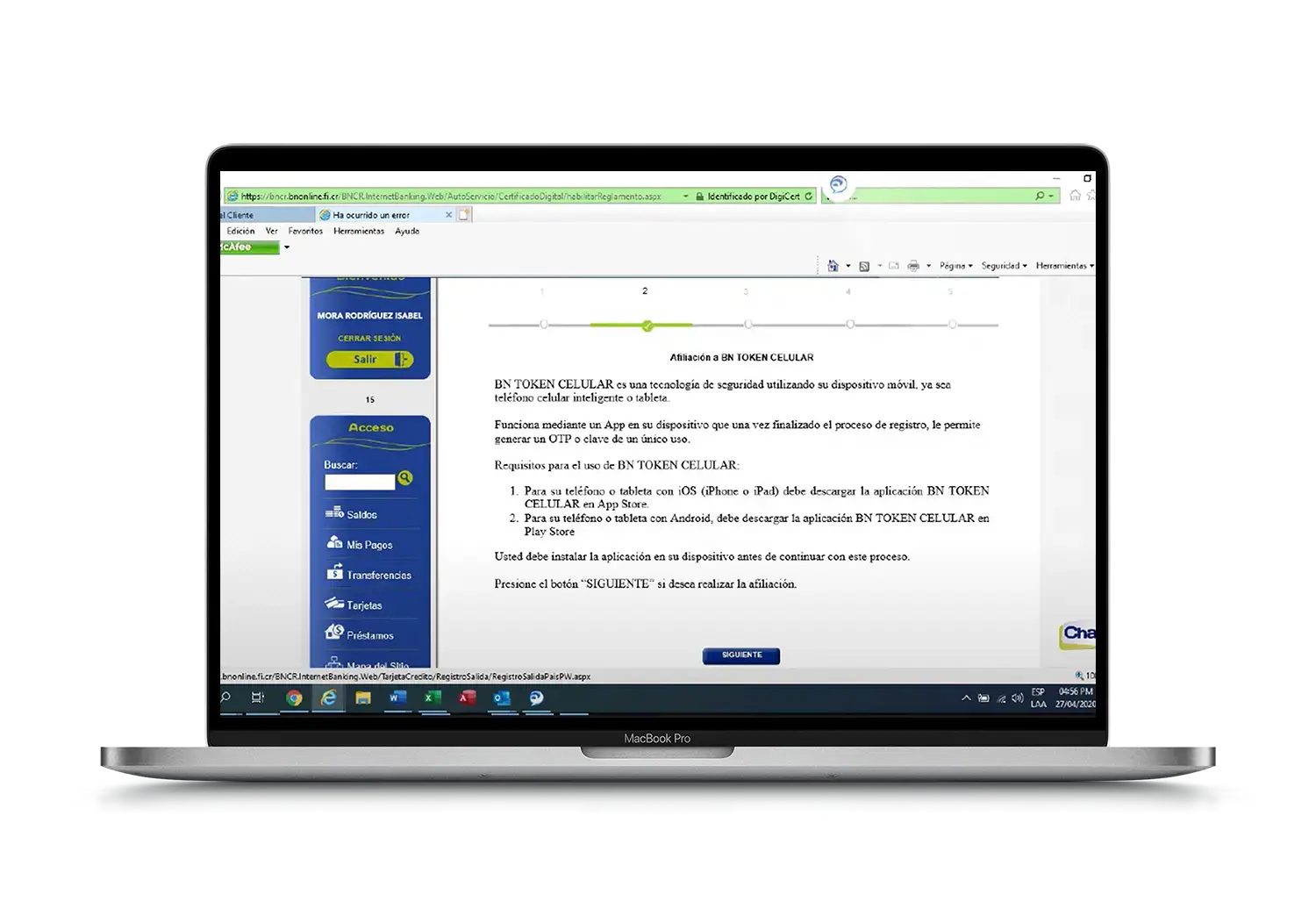Pantalla del proceso de afiliación a BN Token Celular en el portal BN Internet Banking