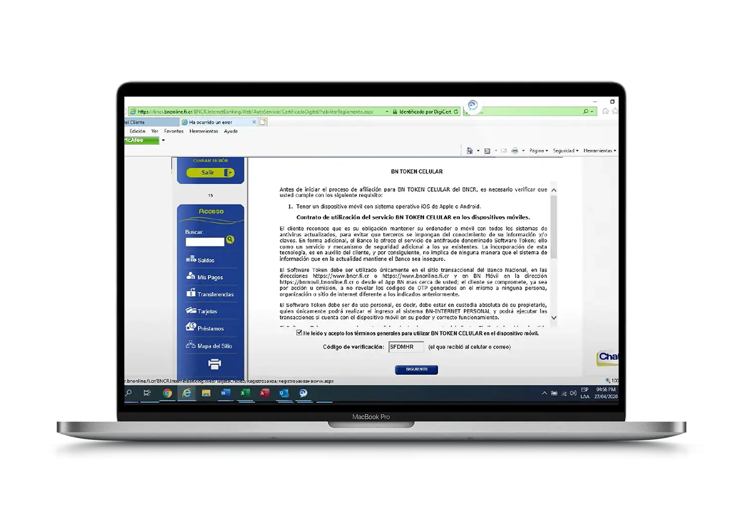 Pantalla del contrato de uso del BN Token Celular en el portal BN Internet Banking con campo de verificación por código