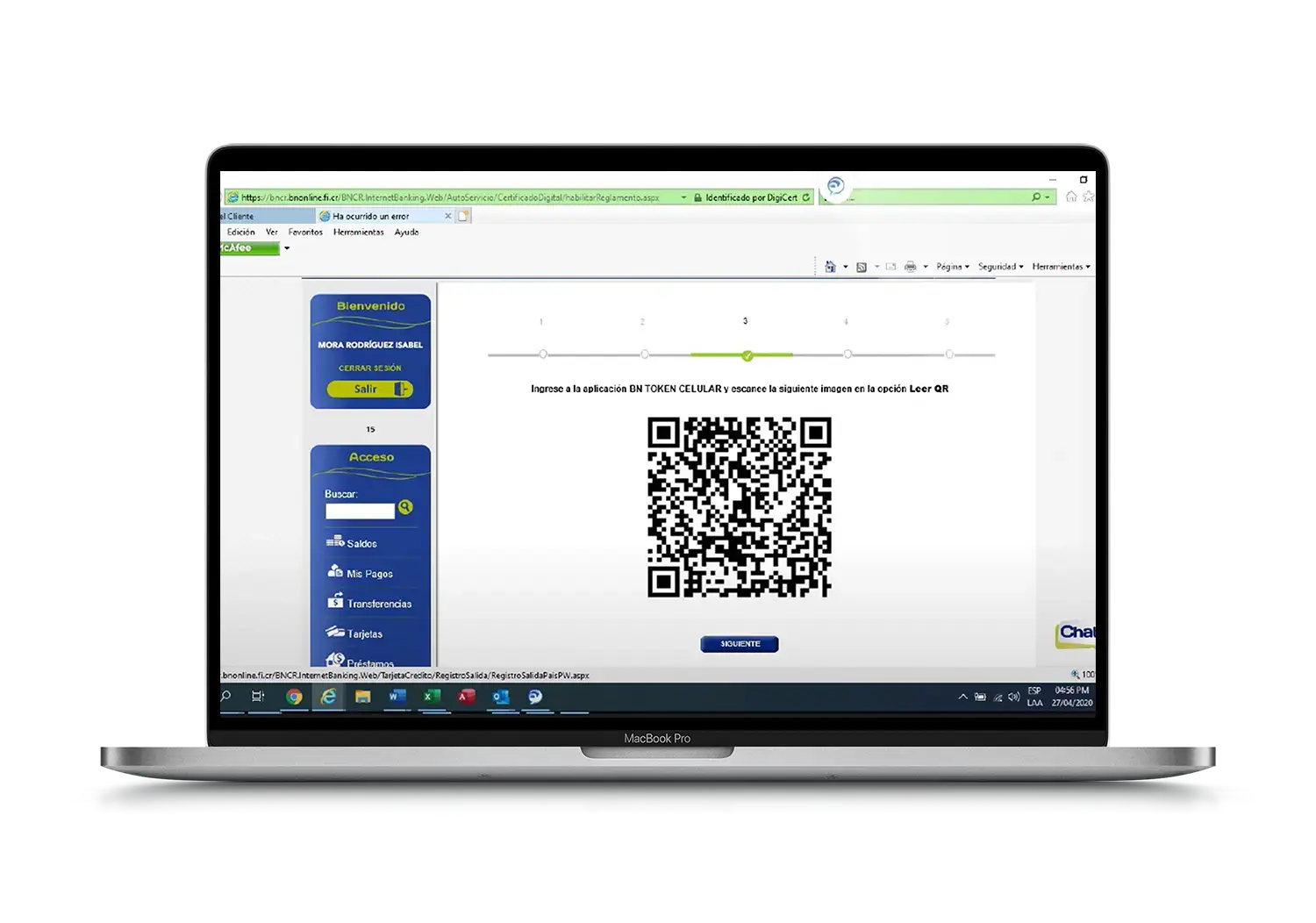 Pantalla del BN Internet Banking mostrando un código QR para activar el BN Token Celular