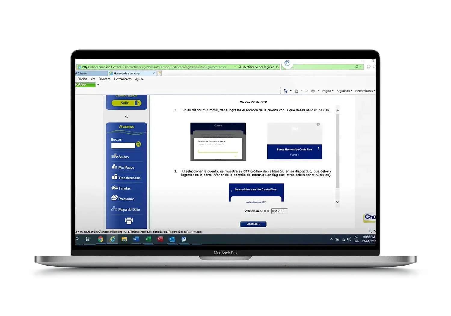 Pantalla del BN Internet Banking mostrando instrucciones para validar OTP mediante BN Token Celular