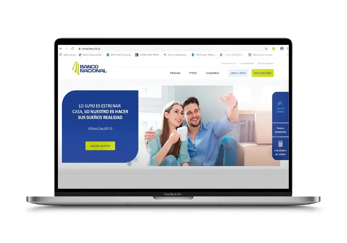 Página de inicio del Banco Nacional de Costa Rica mostrando promoción de ExpoCasa con pareja feliz en sala