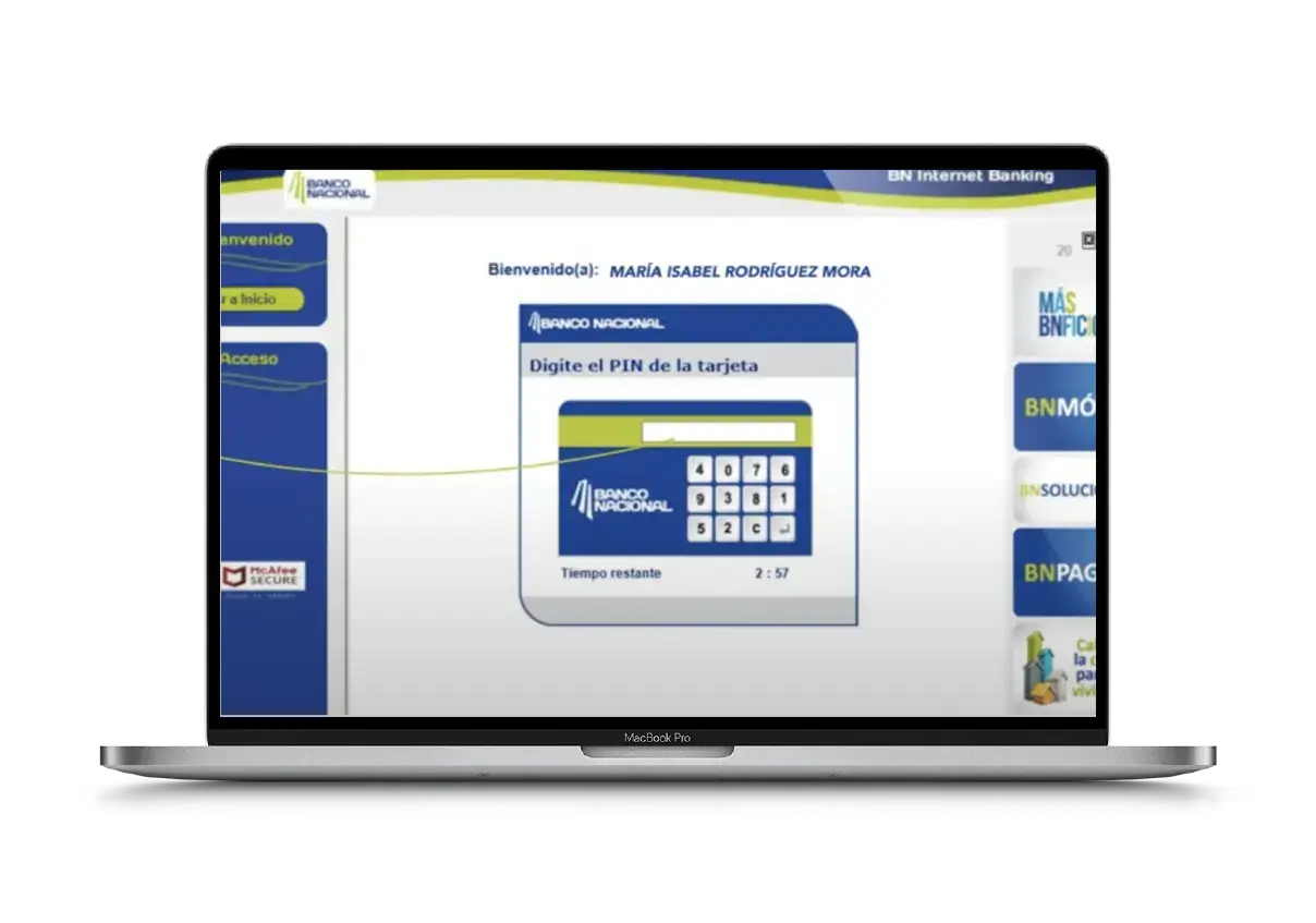 Pantalla de ingreso de PIN de tarjeta en el sistema Internet Banking del Banco Nacional de Costa Rica