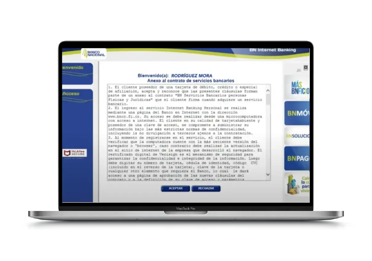Pantalla de aceptación del contrato de servicios bancarios en Internet Banking del Banco Nacional de Costa Rica