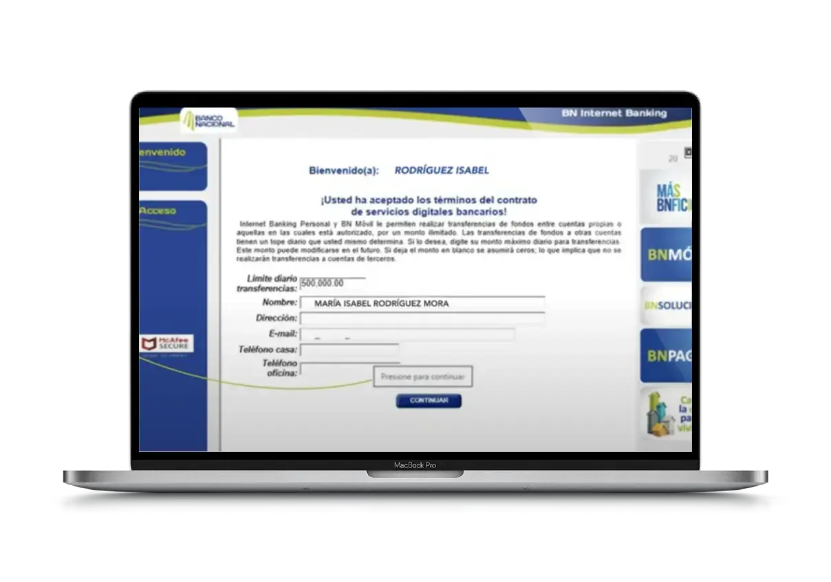 Pantalla de confirmación de aceptación de contrato y configuración de límites de transferencia en Internet Banking del Banco Nacional de Costa Rica