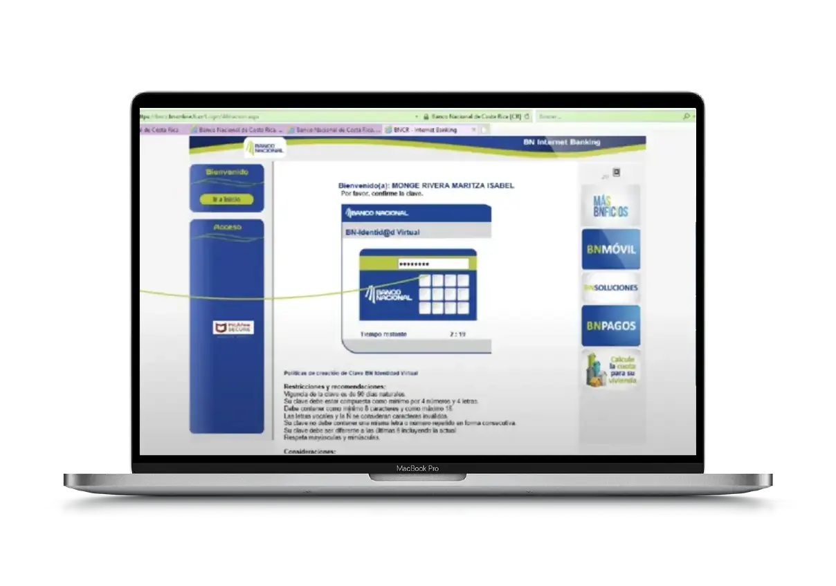 Pantalla de ingreso de clave en el sistema BN-Identidad Virtual del Banco Nacional de Costa Rica