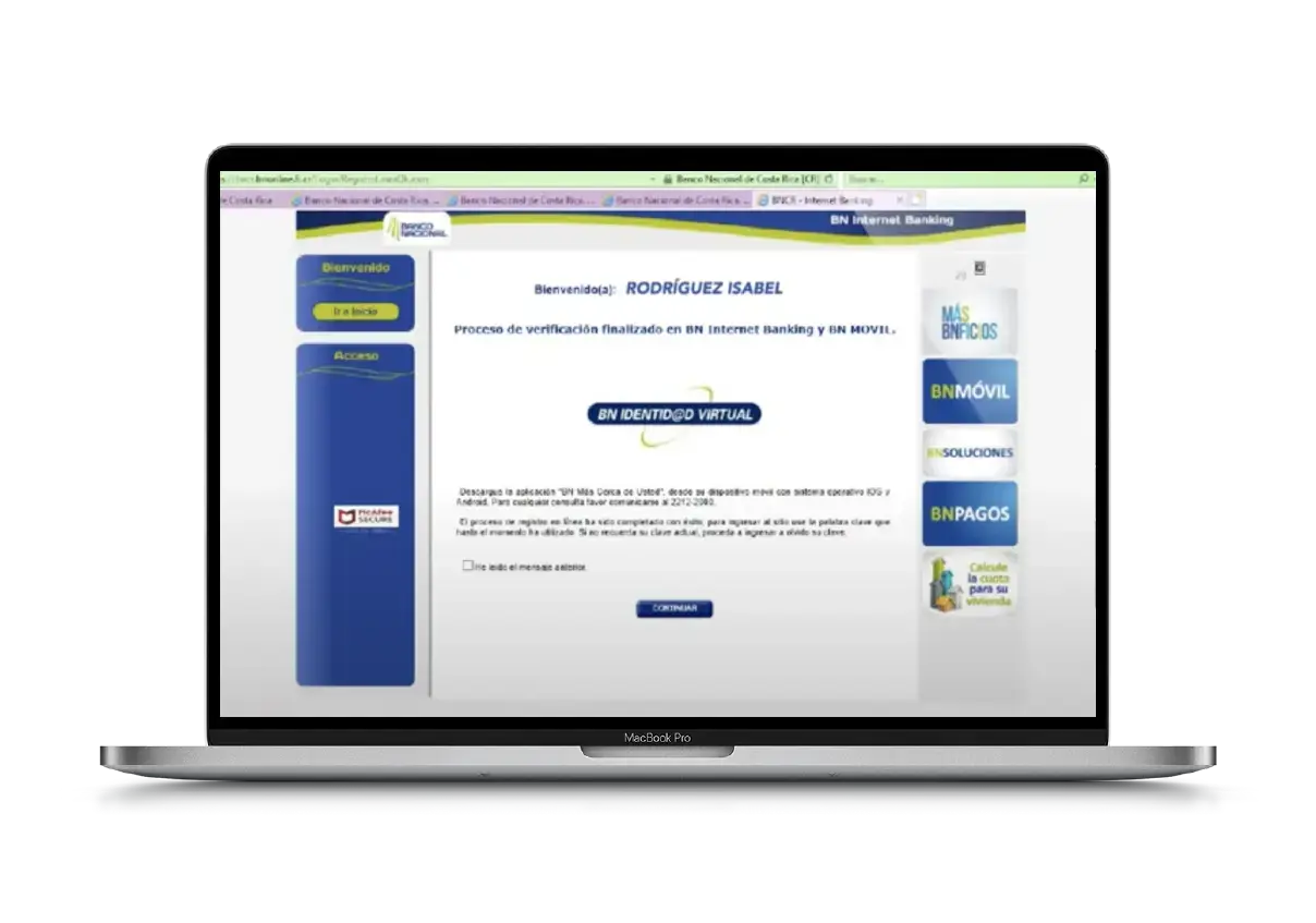 Pantalla de confirmación de verificación en BN Internet Banking y BN Móvil del Banco Nacional de Costa Rica