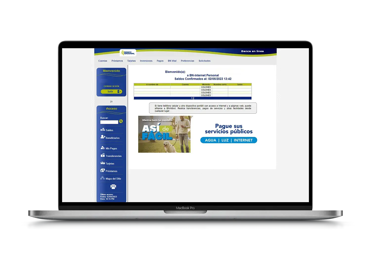 Pantalla de Banca en Línea del Banco Nacional mostrando saldos confirmados y acceso a pago de servicios públicos