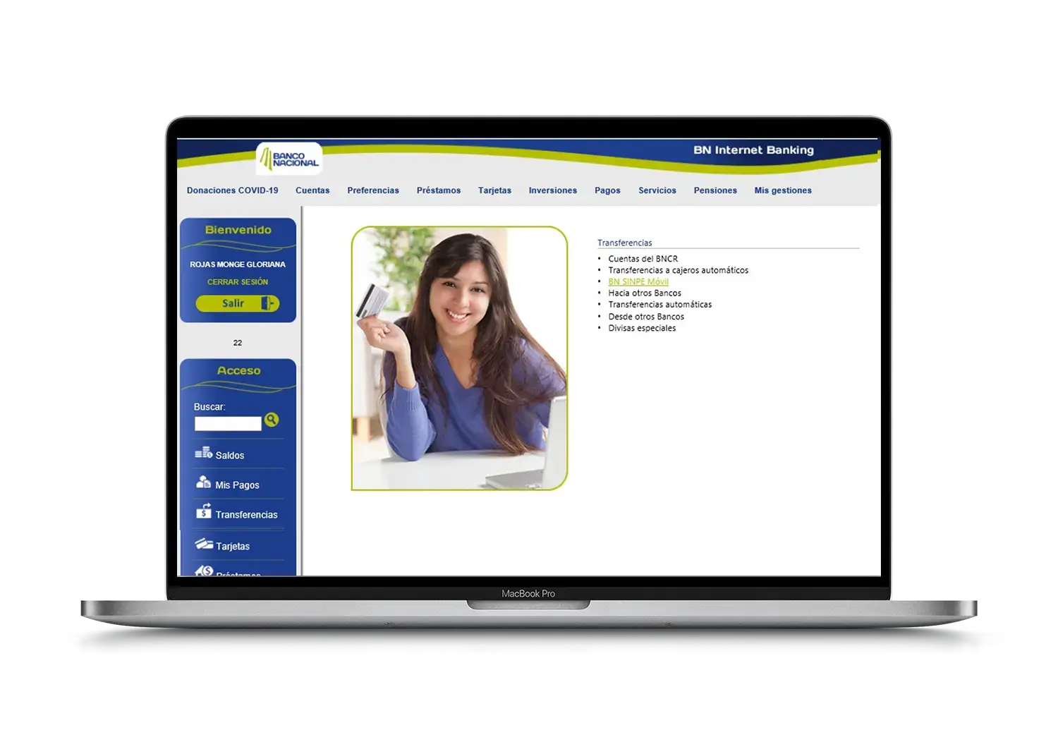 Pantalla de BN Internet Banking mostrando menú de transferencias y fotografía de una mujer sonriendo con tarjeta en mano