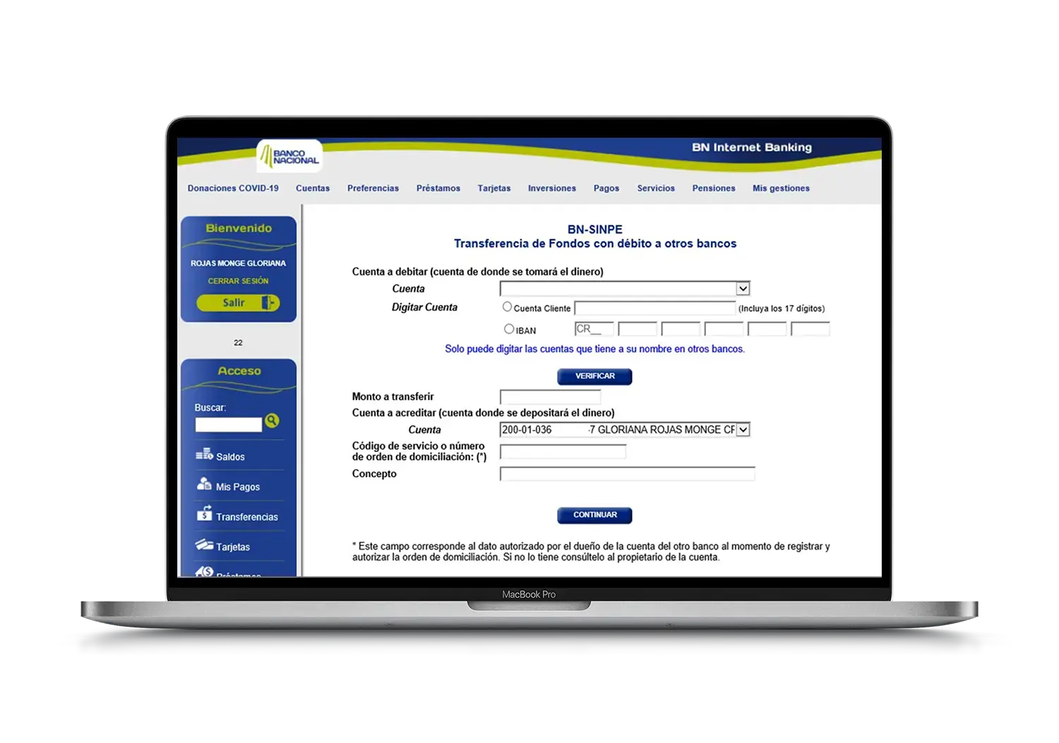 Pantalla de BN Internet Banking con formulario para transferencias SINPE entre bancos