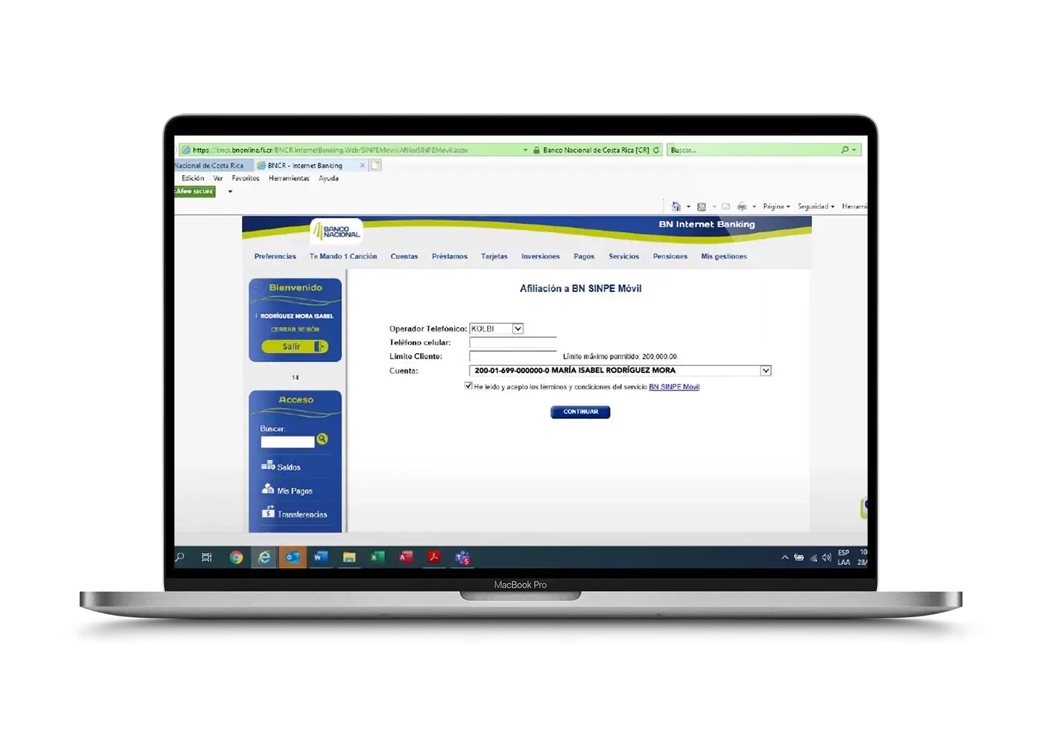 Formulario de afiliación al servicio BN SINPE Móvil en BN Internet Banking