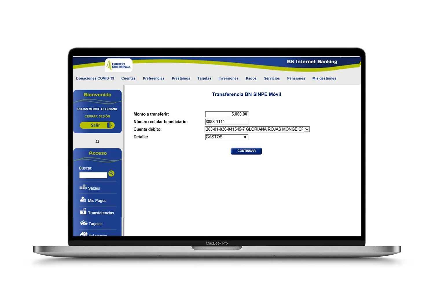 Formulario de transferencia BN SINPE Móvil desde BN Internet Banking