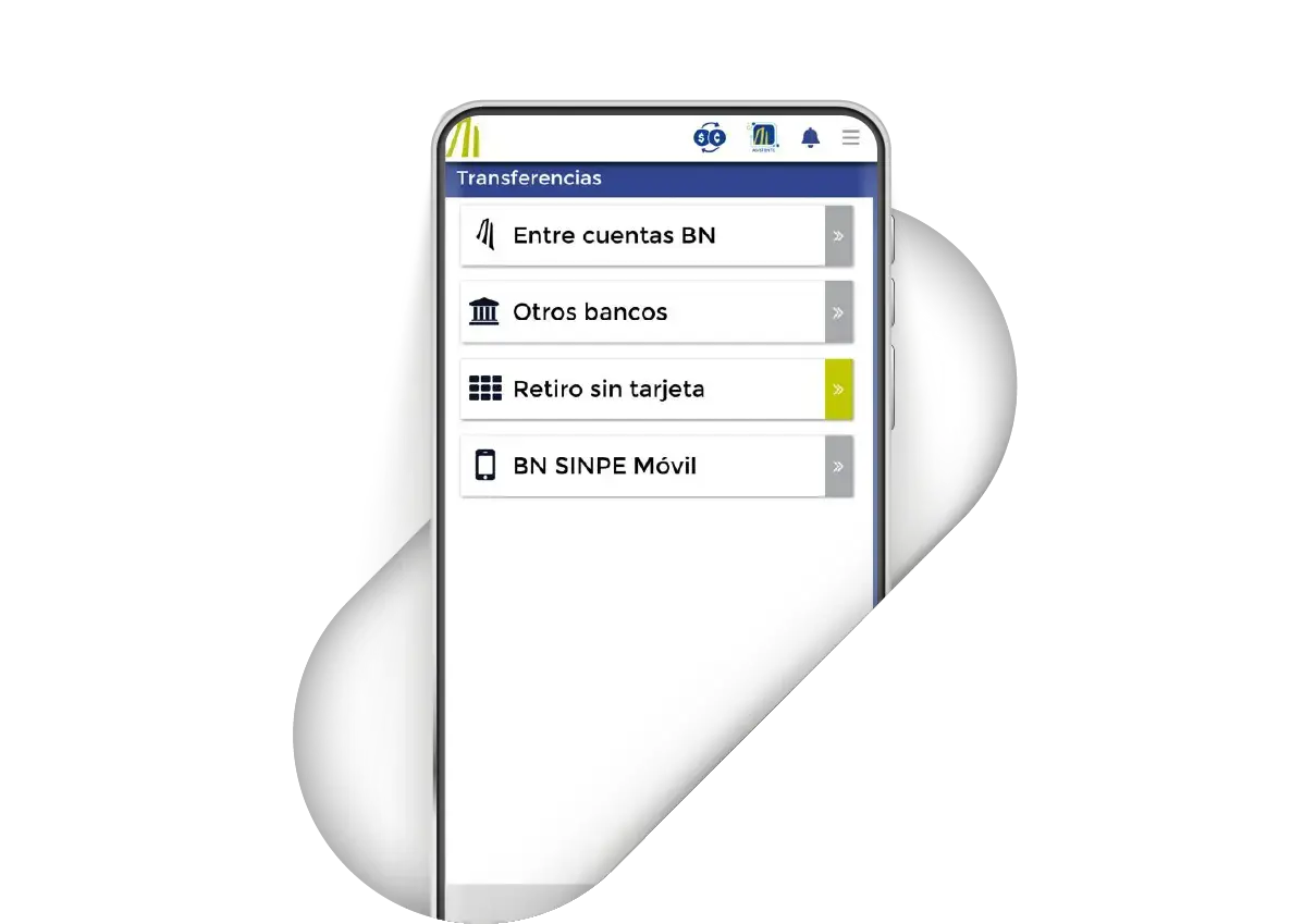 Pantalla de la app BN Móvil con opciones de transferencia entre cuentas, a otros bancos, retiro sin tarjeta y BN SINPE Móvil