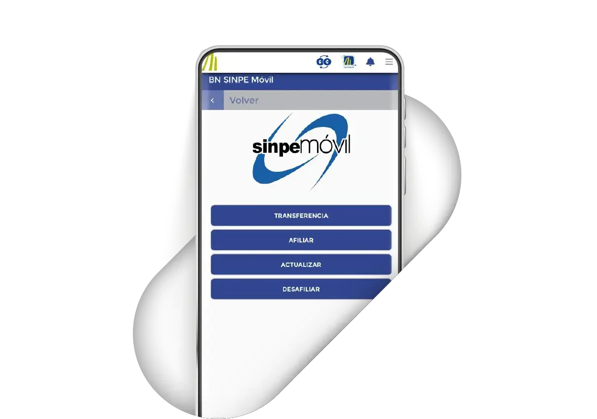 Pantalla de BN SINPE Móvil con opciones para transferencia, afiliar, actualizar y desafiliar