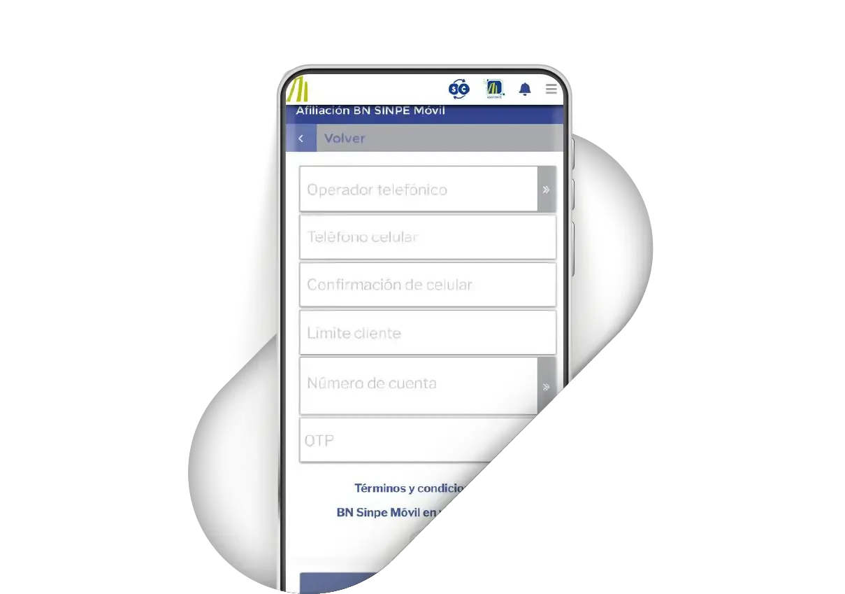 Formulario de afiliación a BN SINPE Móvil con campos para operador, celular, cuenta y OTP