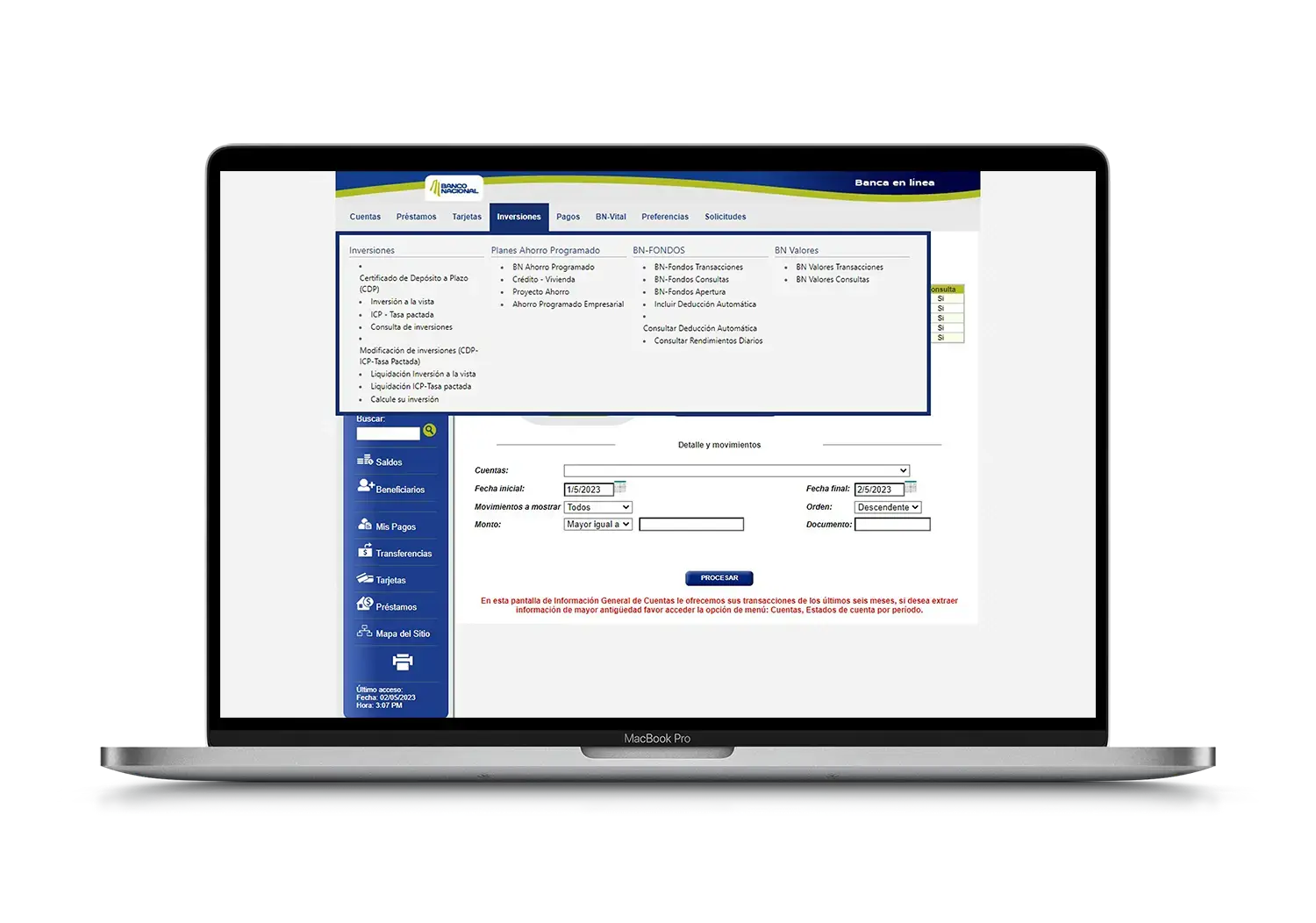 Interfaz de BN Internet Banking mostrando el menú de inversiones con opciones como certificados de depósito, BN Fondos y detalles de movimientos de cuenta.