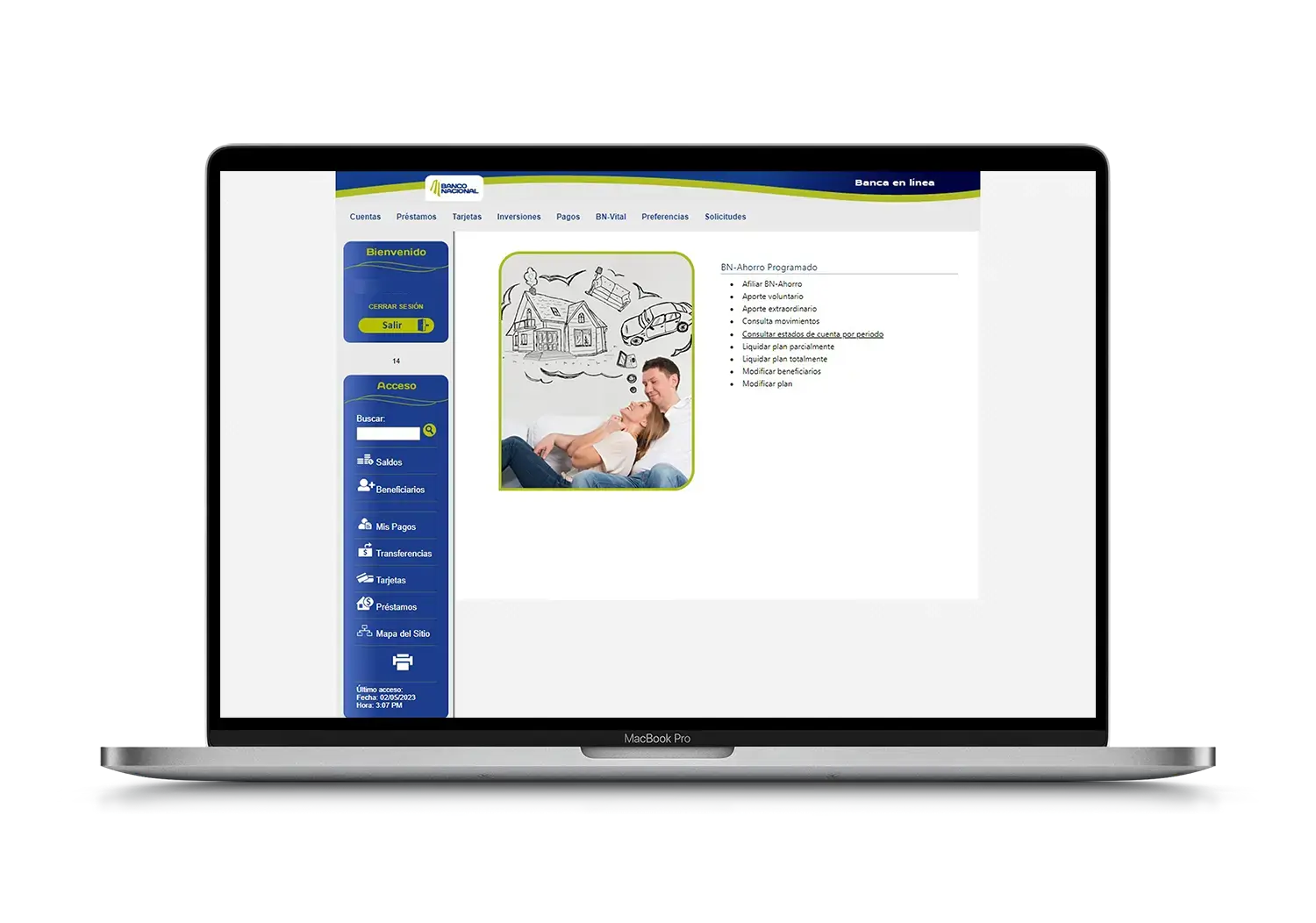 Interfaz de BN Internet Banking en la sección de Ahorro Programado con menú de opciones y fotografía de una pareja recostada imaginando su futuro financiero.
