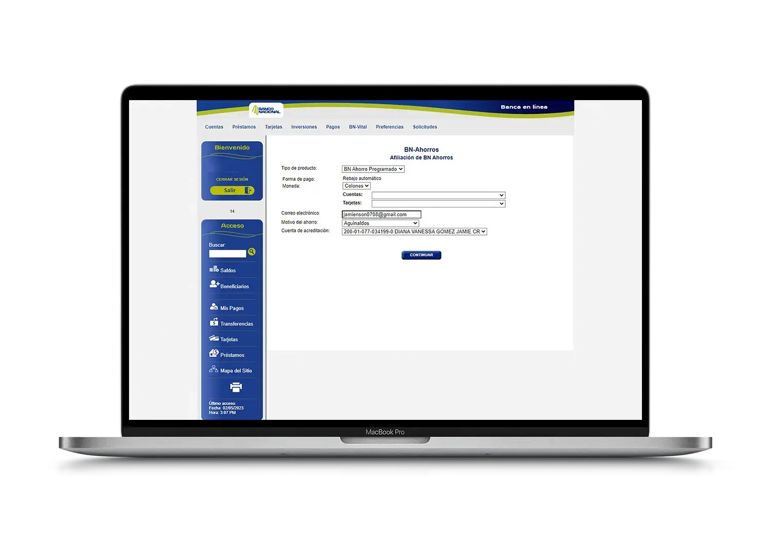 Pantalla de afiliación a BN Ahorros en BN Internet Banking con formulario para seleccionar producto, moneda, motivo del ahorro y cuenta de acreditación.
