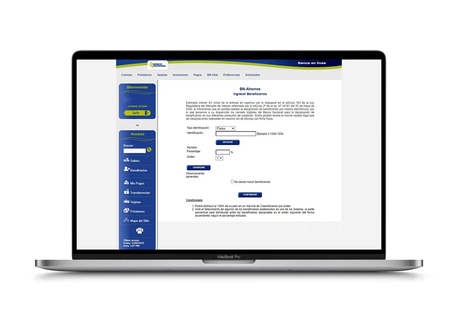 Formulario de ingreso de beneficiarios en BN Ahorros desde BN Internet Banking, con opciones para tipo de identificación, porcentaje y condiciones del servicio.
