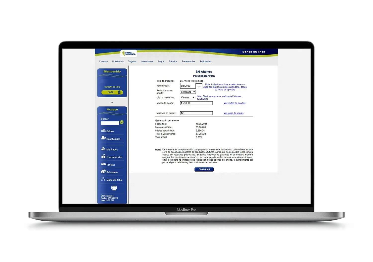 Formulario para personalizar plan de BN Ahorros en BN Internet Banking con campos para periodicidad, monto, vigencia y proyección estimada de ahorro.
