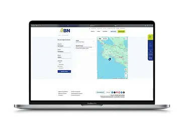 Pantalla del sitio web del Banco Nacional de Costa Rica mostrando el mapa interactivo con la ubicación de una sucursal seleccionada en la región del Pacífico.