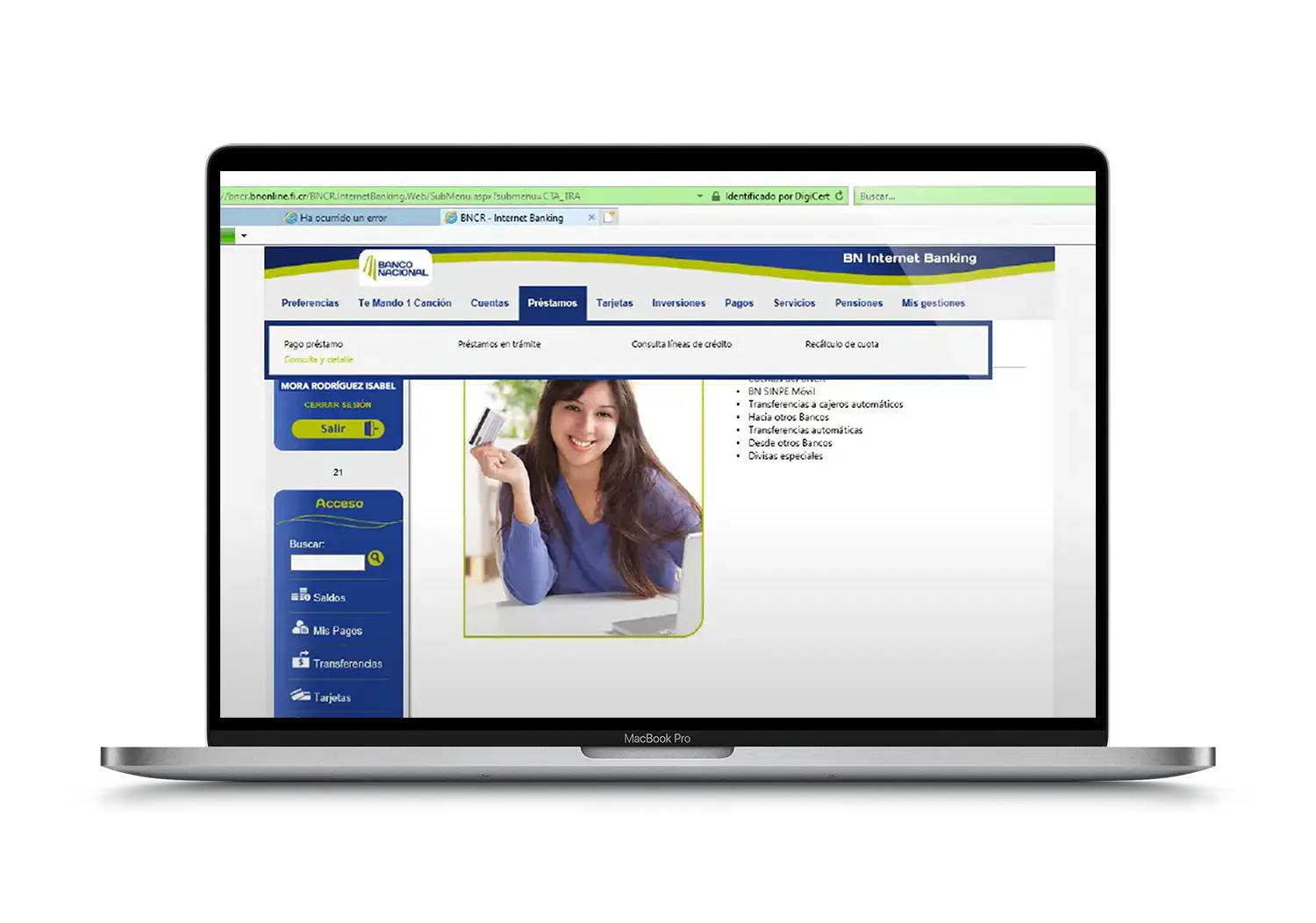 Pantalla de BN Internet Banking con el menú de préstamos desplegado y una mujer sonriendo junto a una computadora portátil.