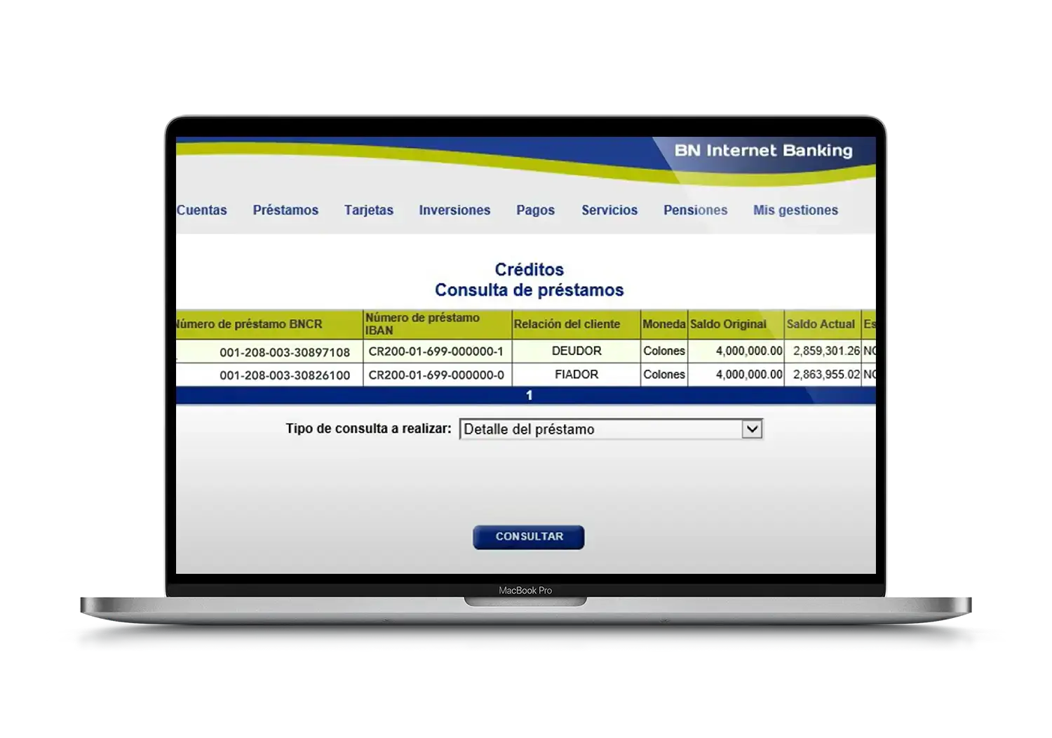Consulta de préstamos en BN Internet Banking mostrando datos de crédito como número de préstamo, relación del cliente y saldo actual.