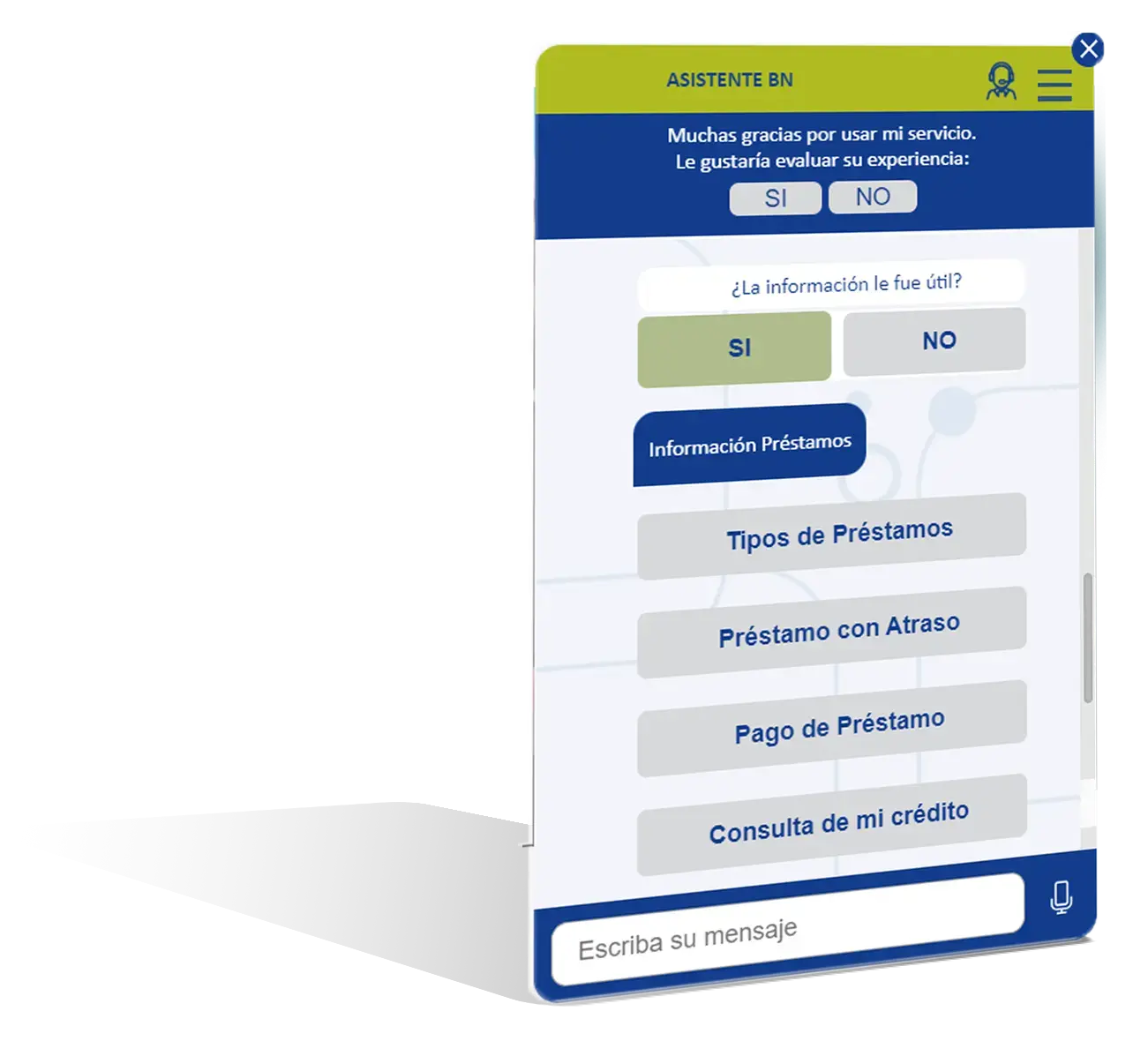 Interfaz del asistente virtual del Banco Nacional de Costa Rica con menú de opciones.