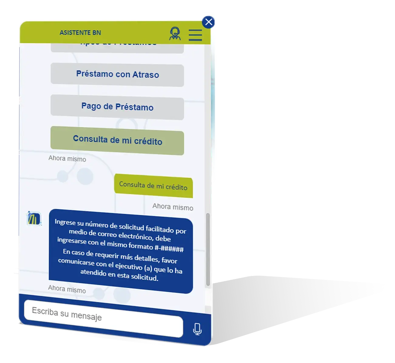 Interfaz del asistente virtual del Banco Nacional de Costa Rica con menú.