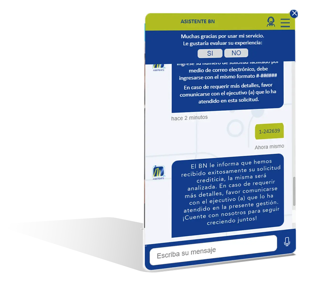 Interfaz del asistente virtual del Banco Nacional de Costa Rica.