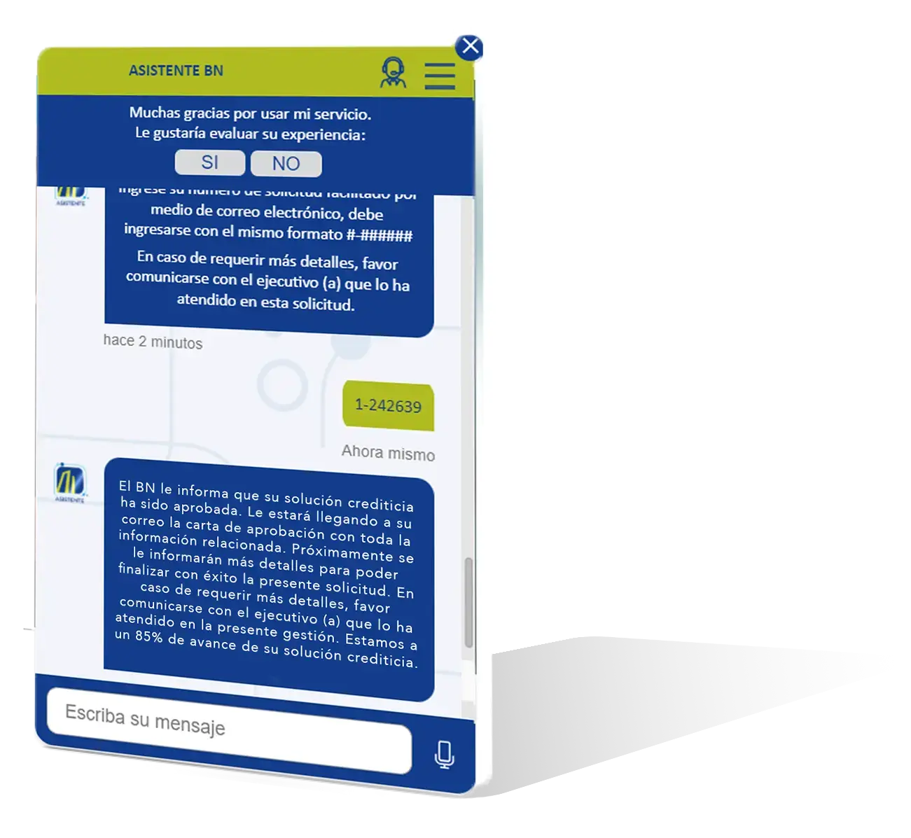 Interfaz del asistente virtual del Banco Nacional de Costa Rica.