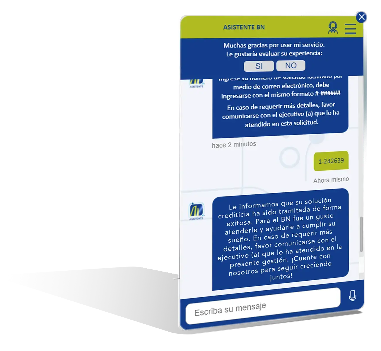 Interfaz del asistente virtual del Banco Nacional de Costa Rica.