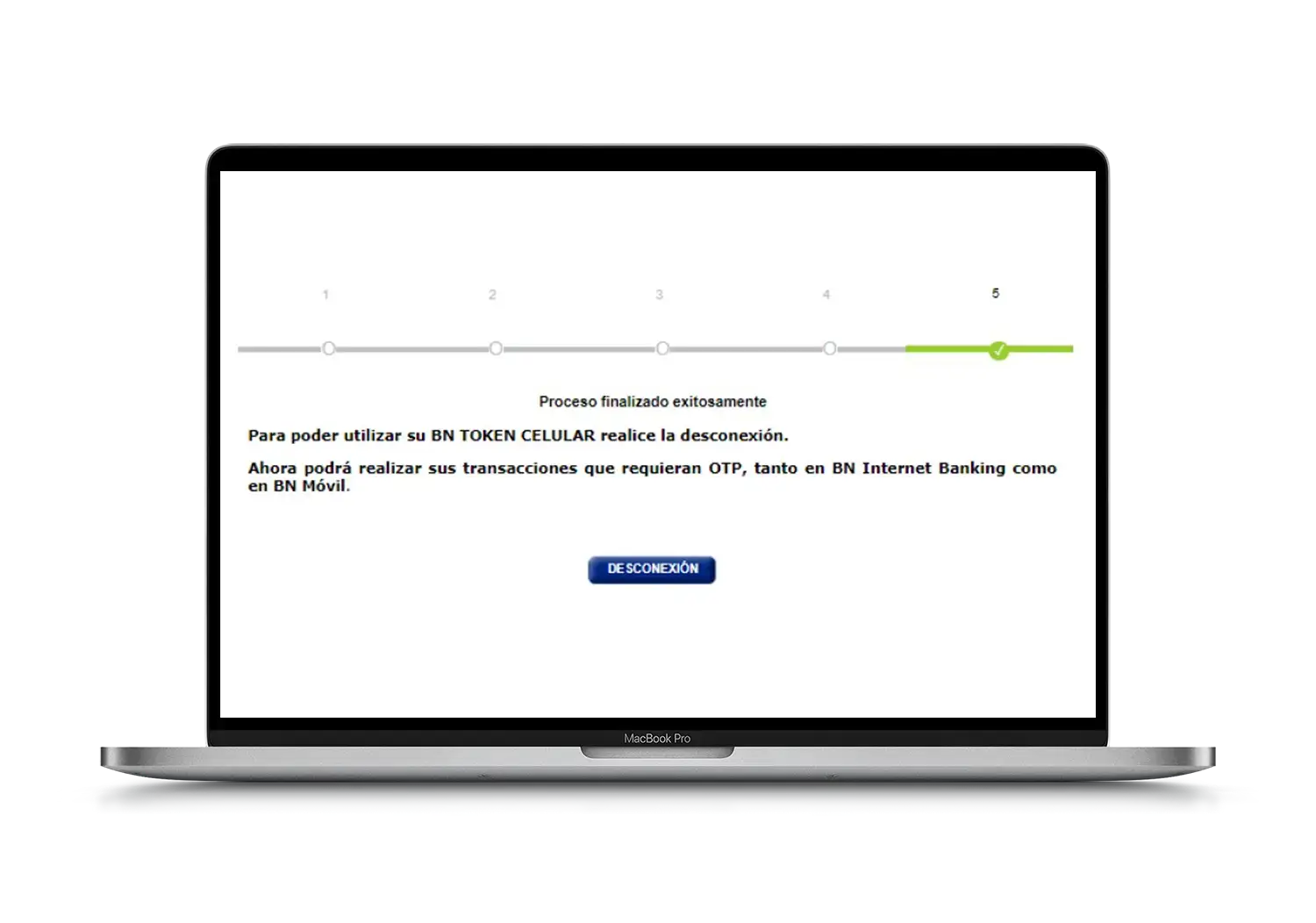 Pantalla de confirmación de afiliación a BN Token Celular mostrando el mensaje de proceso finalizado exitosamente en un laptop.