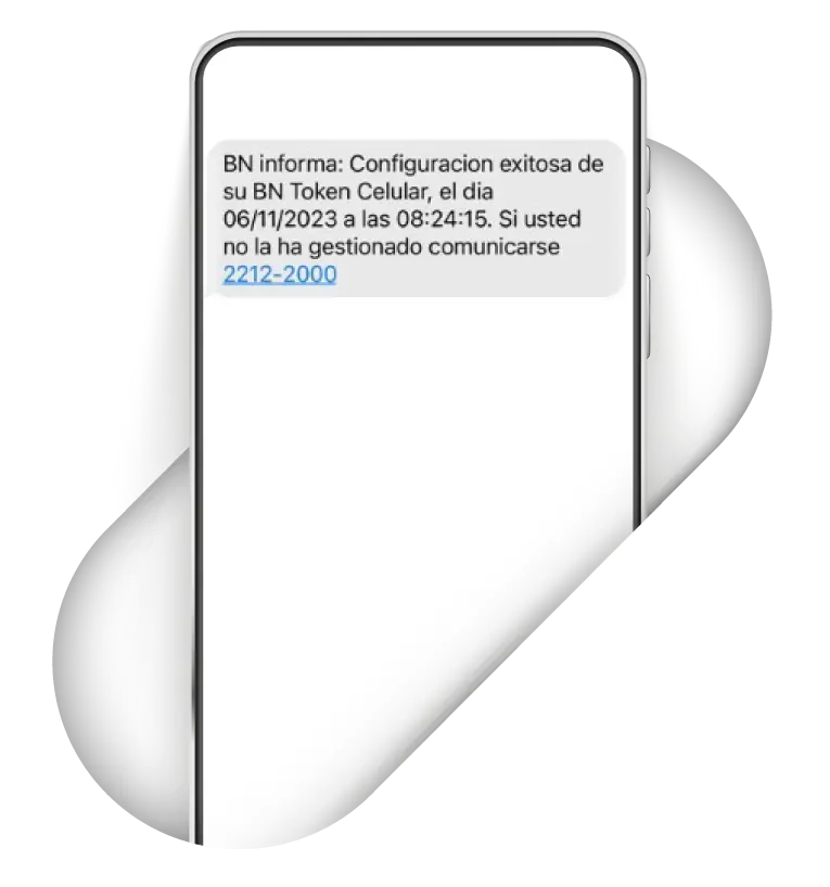 Mensaje SMS del Banco Nacional confirmando la configuración exitosa del BN Token Celular con fecha y hora.