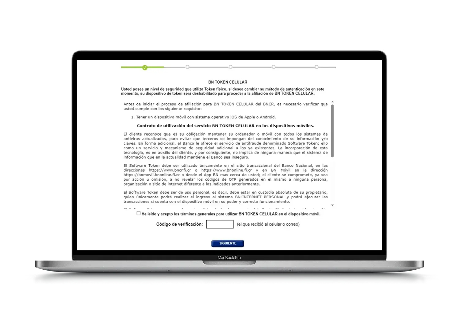 Pantalla del contrato de uso del servicio BN Token Celular con campos para aceptar términos y escribir código de verificación.