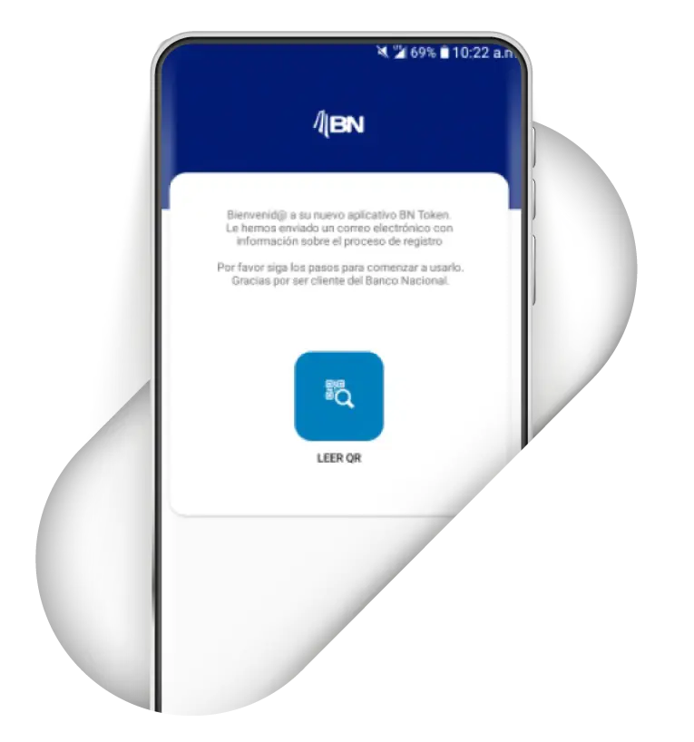 Pantalla de bienvenida de la aplicación BN Token mostrando la opción para escanear código QR.