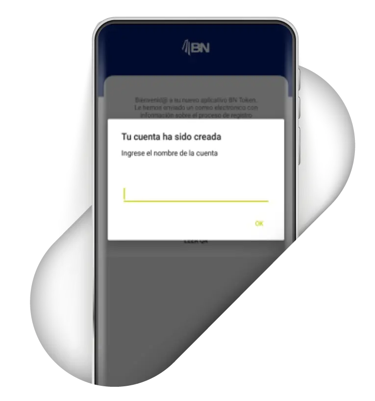 Aplicación BN Token mostrando mensaje de cuenta creada con campo para ingresar el nombre de la cuenta.