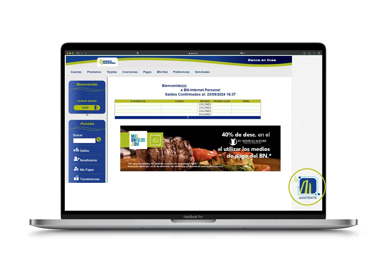 Pantalla de inicio de sesión de BN Internet Personal del Banco Nacional de Costa Rica, mostrando saldos de cuentas y promoción de descuento con medios de pago del BN.