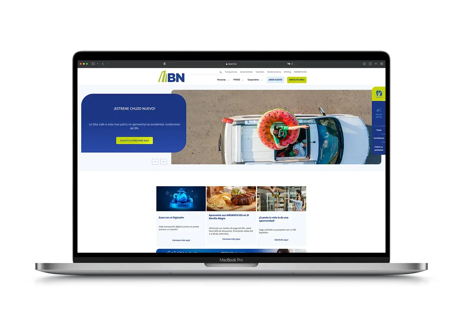 Pantalla principal del sitio web del Banco Nacional de Costa Rica.