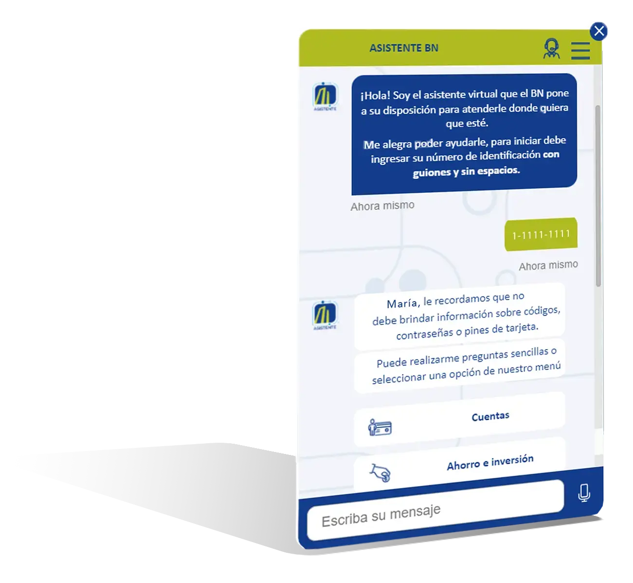 Vista del asistente virtual del Banco Nacional de Costa Rica en pantalla móvil, mostrando mensajes de bienvenida y opciones como "Cuentas" y "Ahorro e inversión".