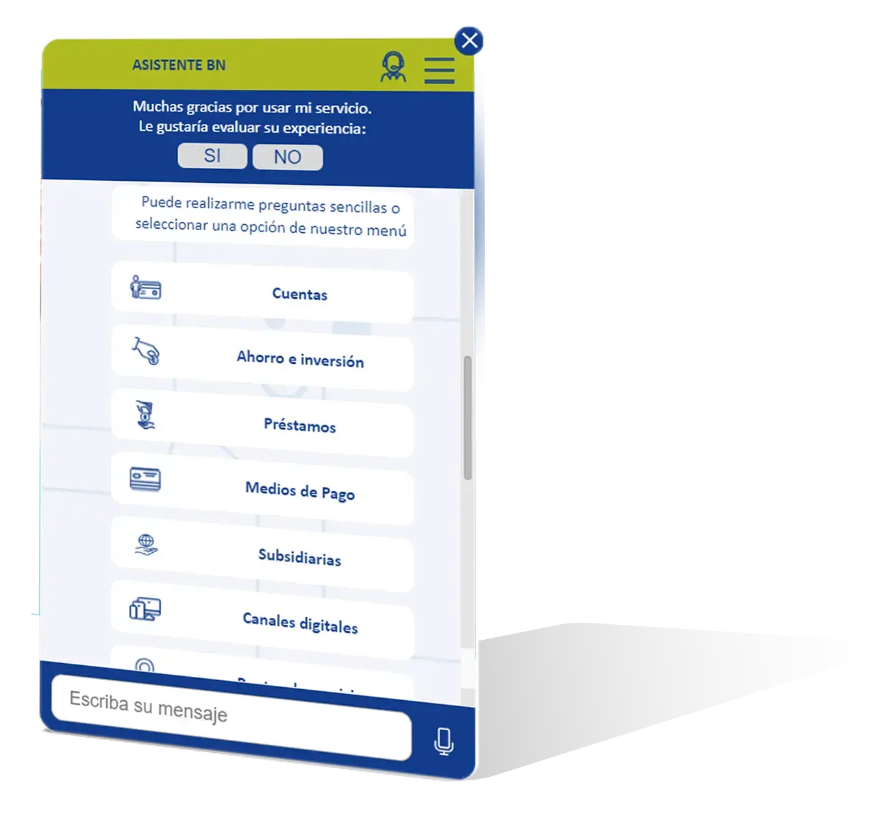 Interfaz del asistente virtual del Banco Nacional de Costa Rica con menú de opciones como cuentas, ahorro e inversión, préstamos y canales digitales.