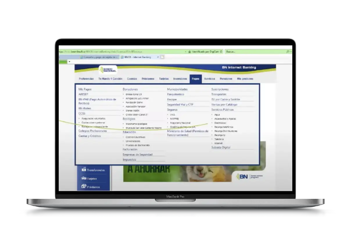 Pantalla de BN Internet Banking mostrando el menú desplegable de pagos con múltiples opciones de servicios y entidades.